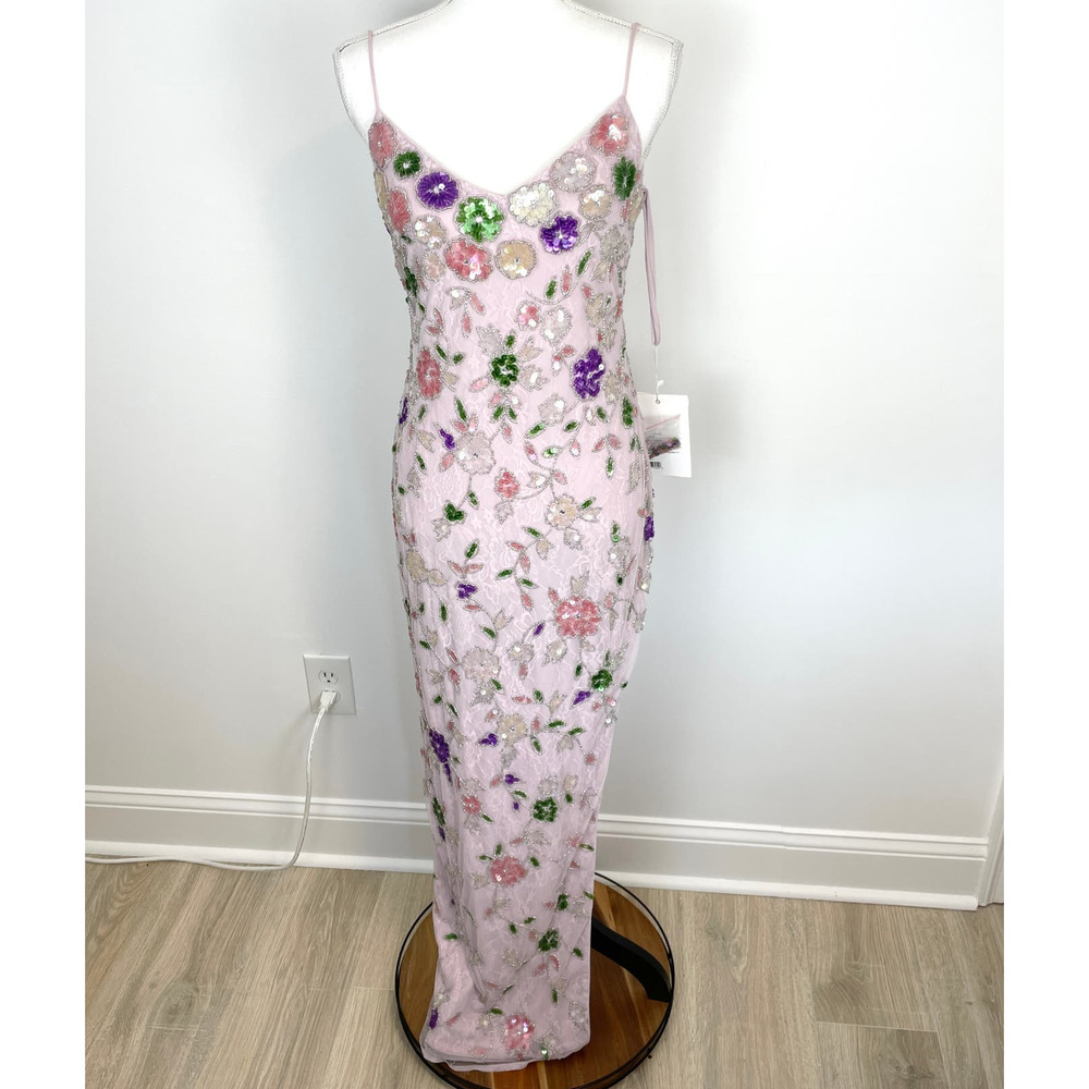 Mac Duggal Embellished Lace Sleeveless V Neck Gown Lilac Multi 10893 Size 4 New - Picture 3 of 16